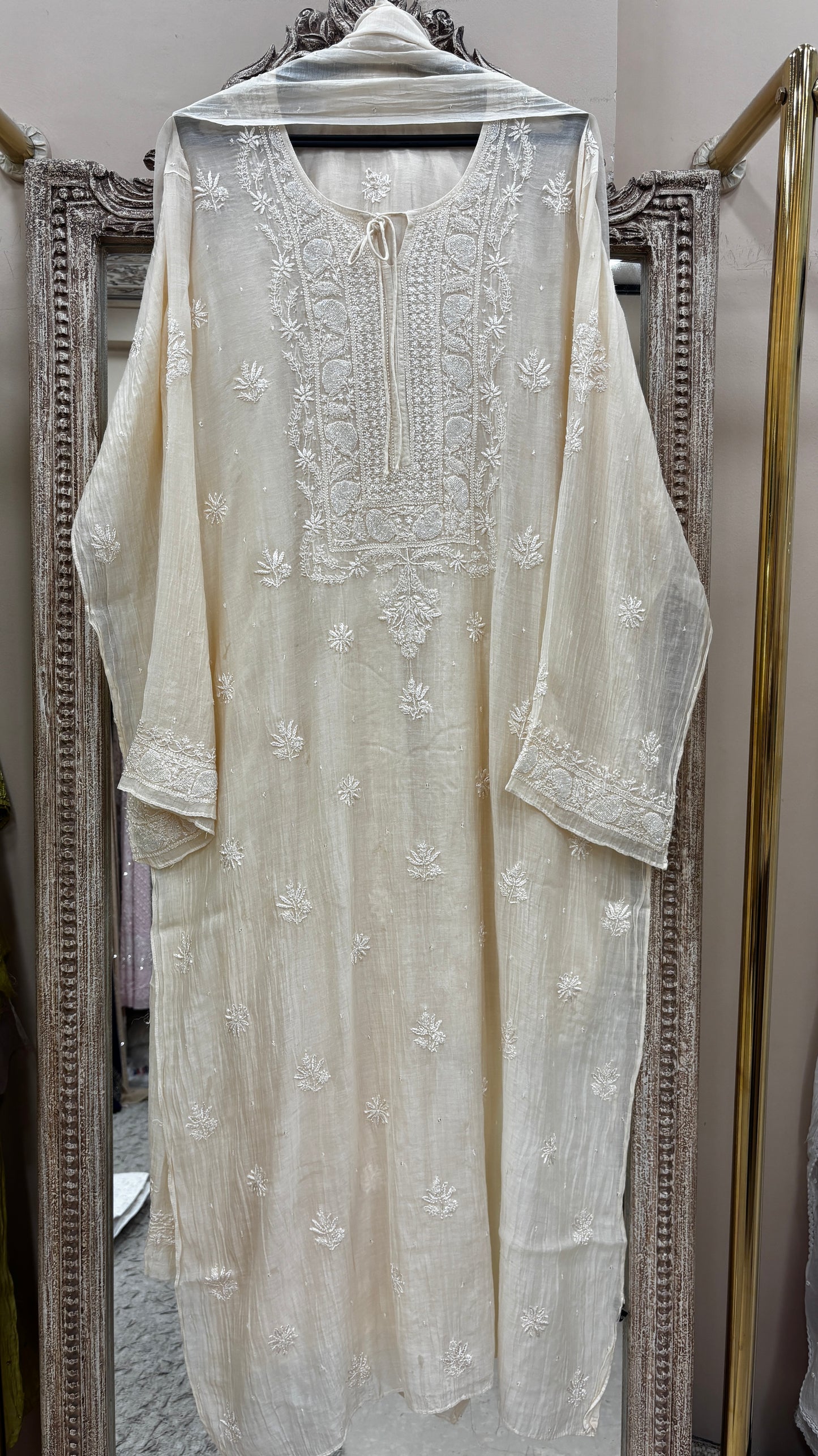 Pure Mulmul Cotton Semistiched Kurta Pearl And Addon Work With Dupatta  Cream