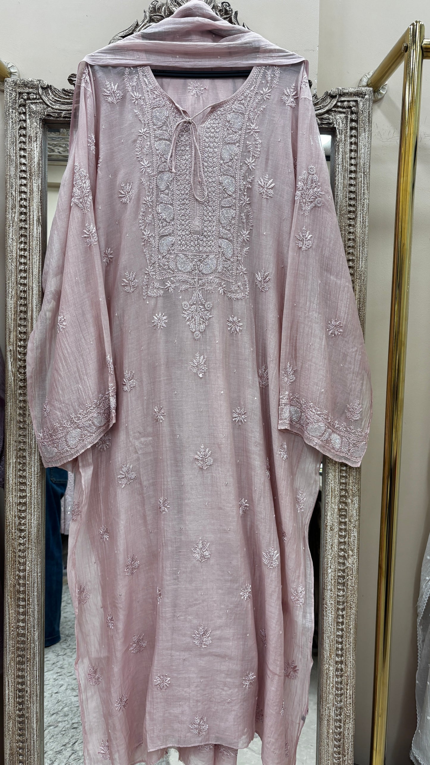 Pure Mulmul Cotton Semistiched Kurta Pearl And Addon Work With Dupatta Lilac