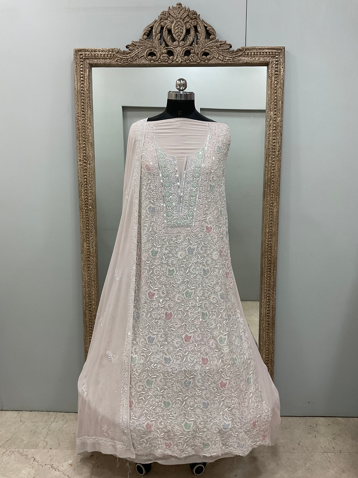 Superfine Pure Georgette Heavy Pearl Cutdana and Multicoloured Sequence Designer Beige
