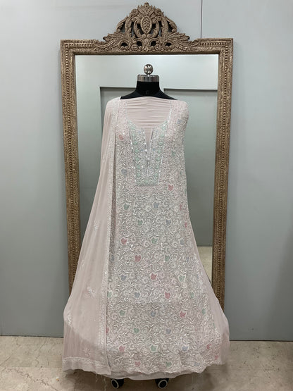 Superfine Pure Georgette Heavy Pearl Cutdana and Multicoloured Sequence Designer Beige