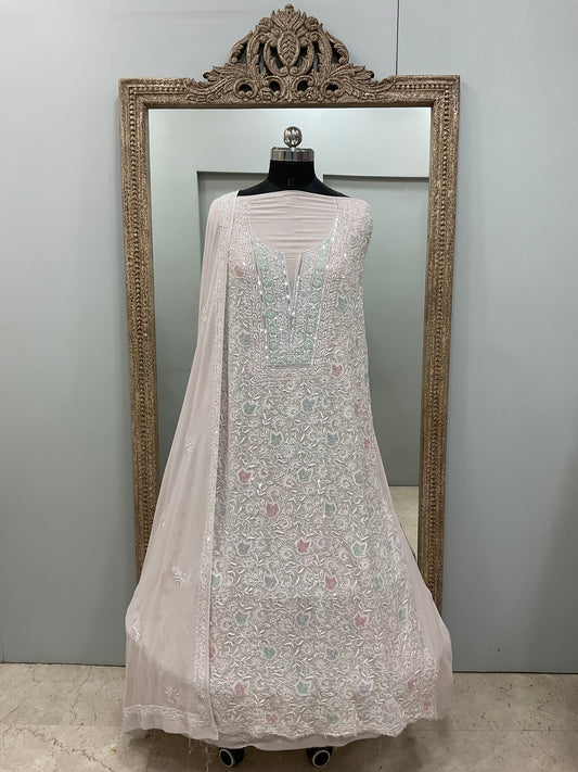 Superfine Pure Georgette Heavy Pearl Cutdana and Multicoloured Sequence Designer Beige