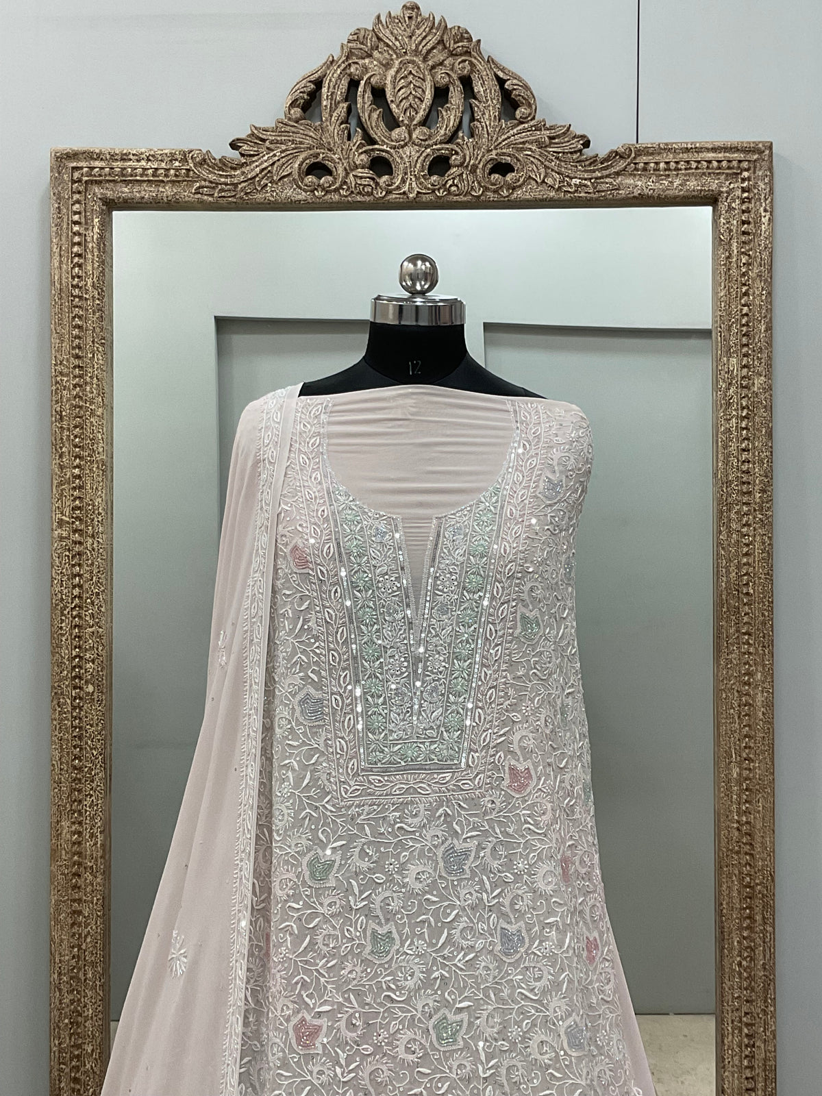 Superfine Pure Georgette Heavy Pearl Cutdana and Multicoloured Sequence Designer Beige
