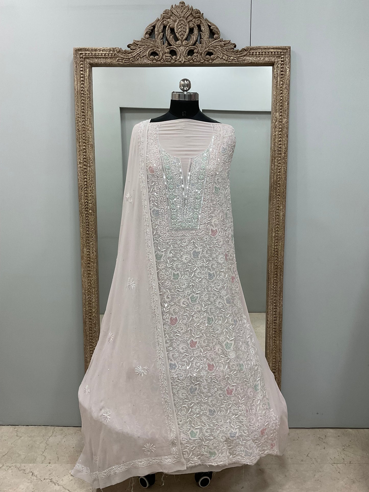 Superfine Pure Georgette Heavy Pearl Cutdana and Multicoloured Sequence Designer Beige