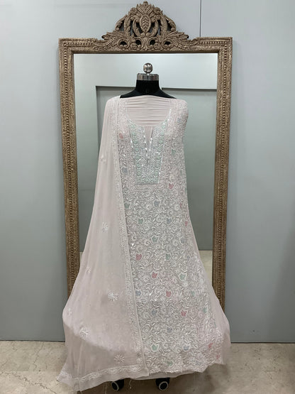 Superfine Pure Georgette Heavy Pearl Cutdana and Multicoloured Sequence Designer Beige