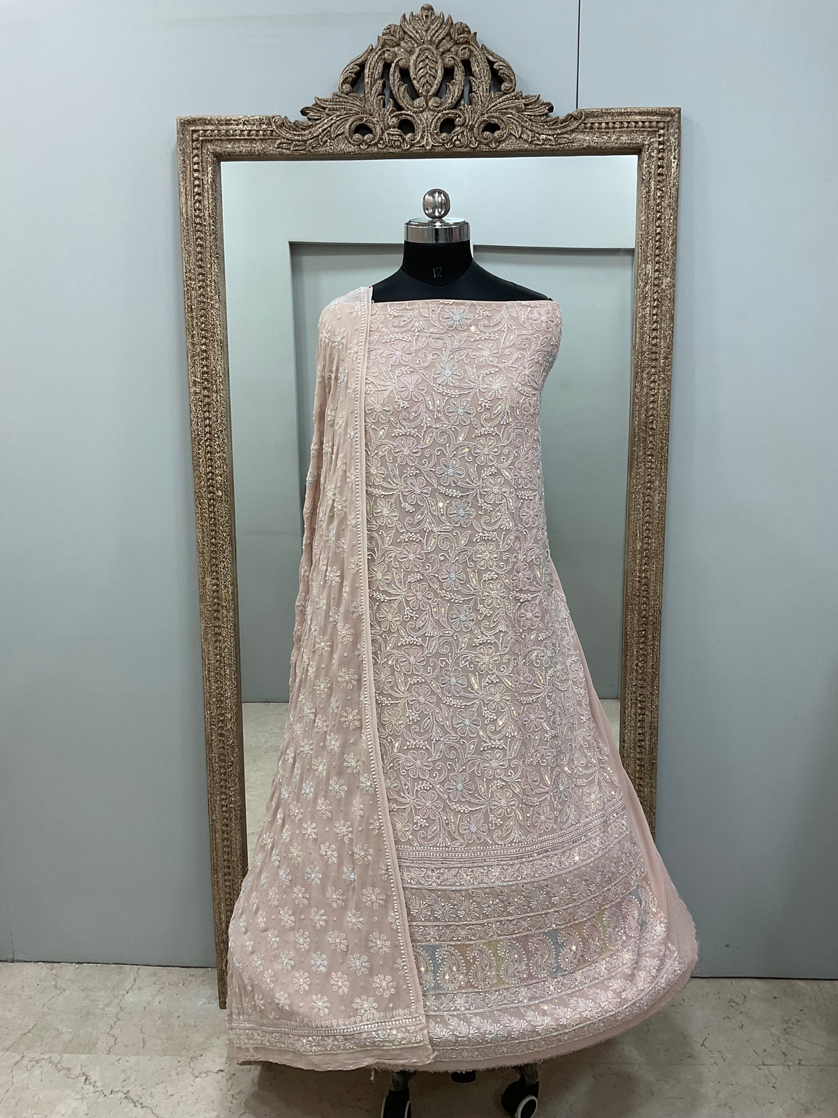 Superfine Pure Georgette Heavy Pearl Cutdana and Multicoloured Sequence Designer Beige