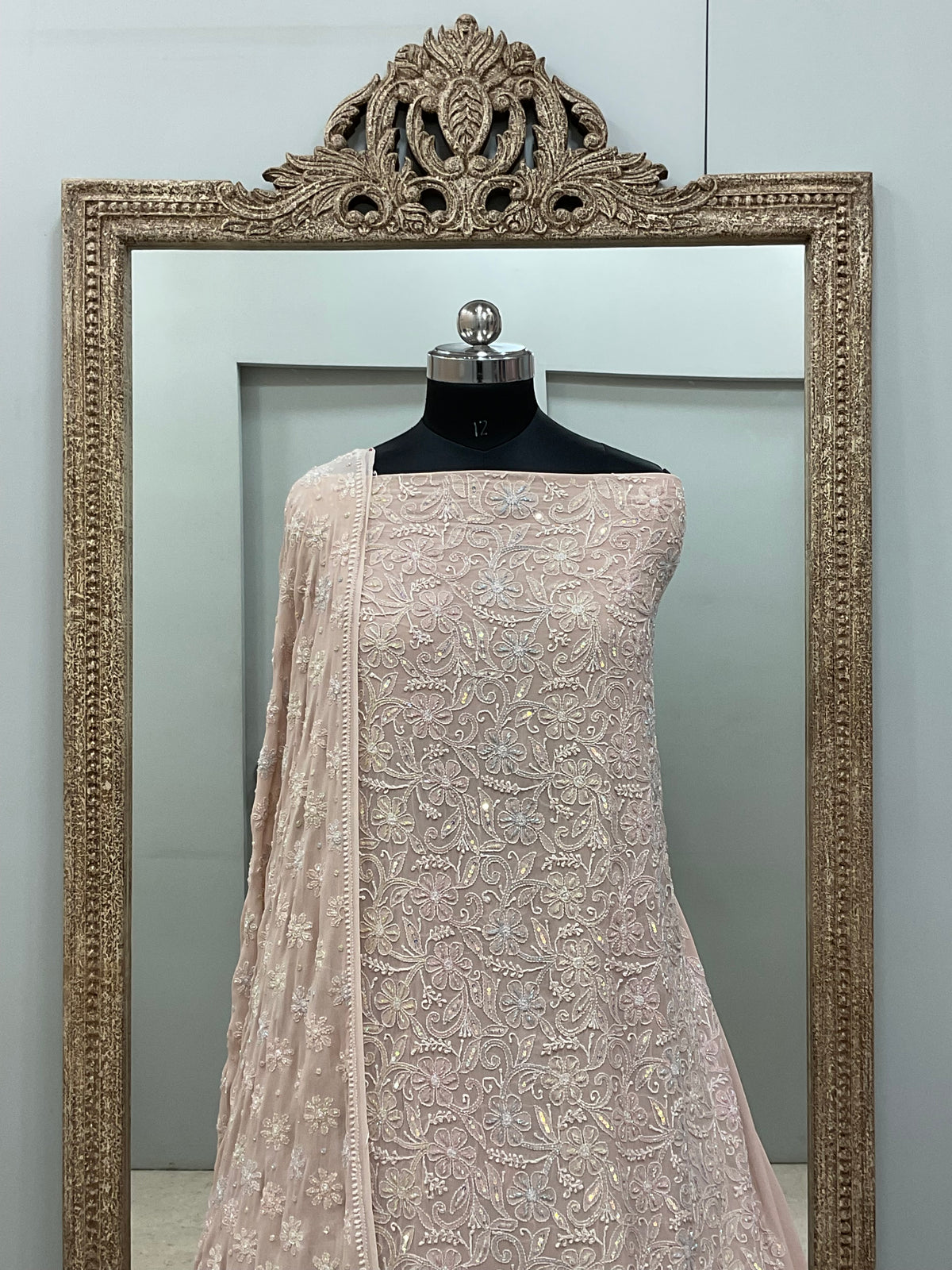Superfine Pure Georgette Heavy Pearl Cutdana and Multicoloured Sequence Designer Beige