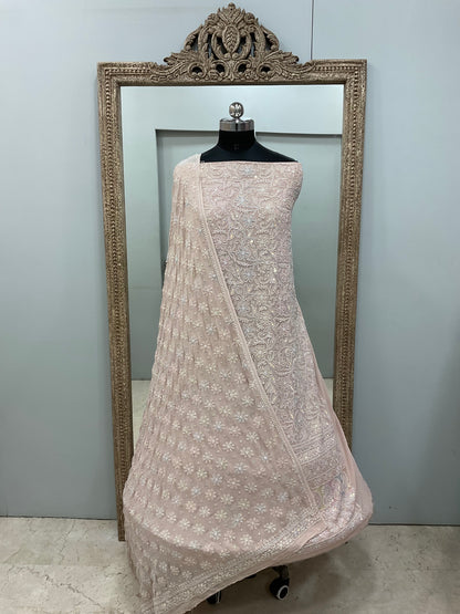 Superfine Pure Georgette Heavy Pearl Cutdana and Multicoloured Sequence Designer Beige