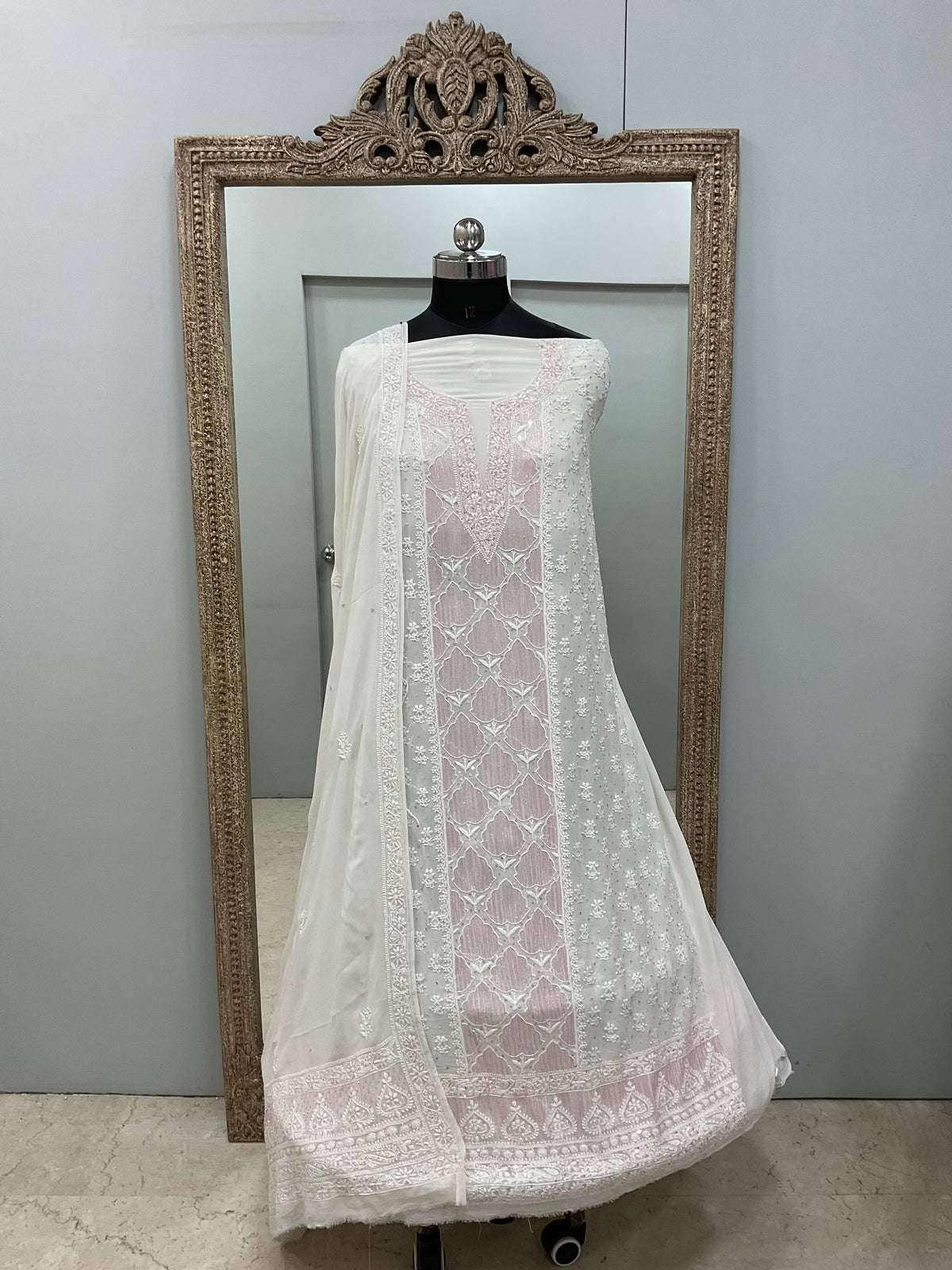 Pure Georgette Heavy Cutdana Pearl And Sequence Work Designer With Dupatta White