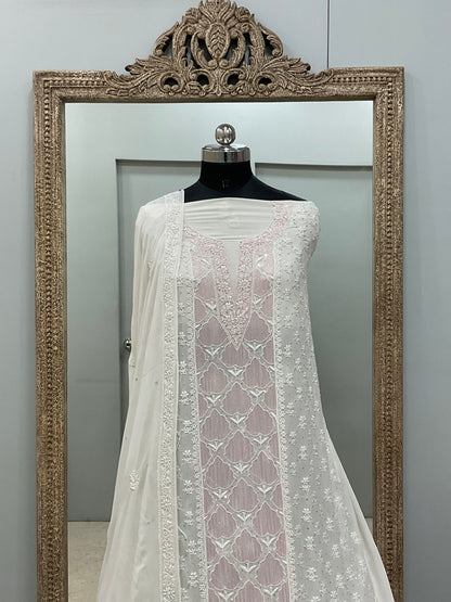 Pure Georgette Heavy Cutdana Pearl And Sequence Work Designer With Dupatta White