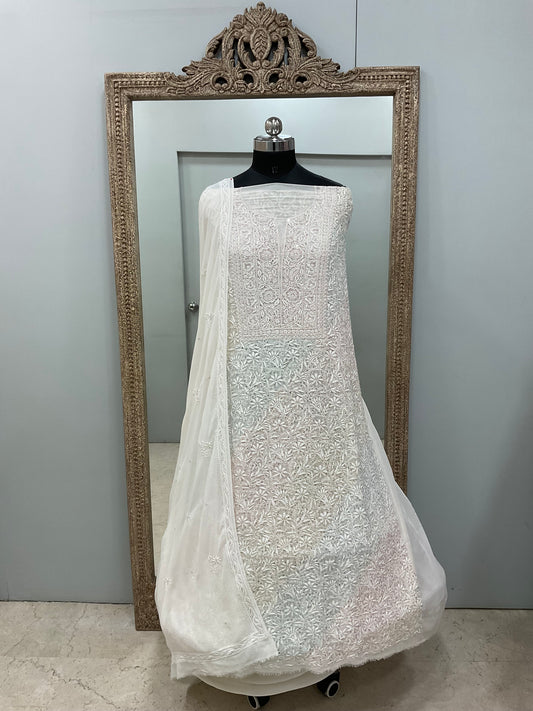 Superfine Pure Georgette Heavy Cutdana Pearl And Sequence Work Designer With Dupatta White