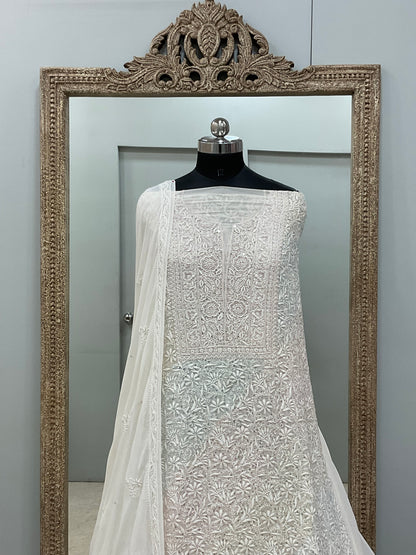 Superfine Pure Georgette Heavy Cutdana Pearl And Sequence Work Designer With Dupatta White