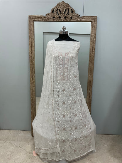 Superfine Pure Georgette Heavy Cutdana Pearl And Sequence Work Designer With Dupatta White