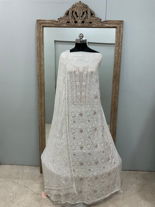 Superfine Pure Georgette Heavy Cutdana Pearl And Sequence Work Designer With Dupatta White
