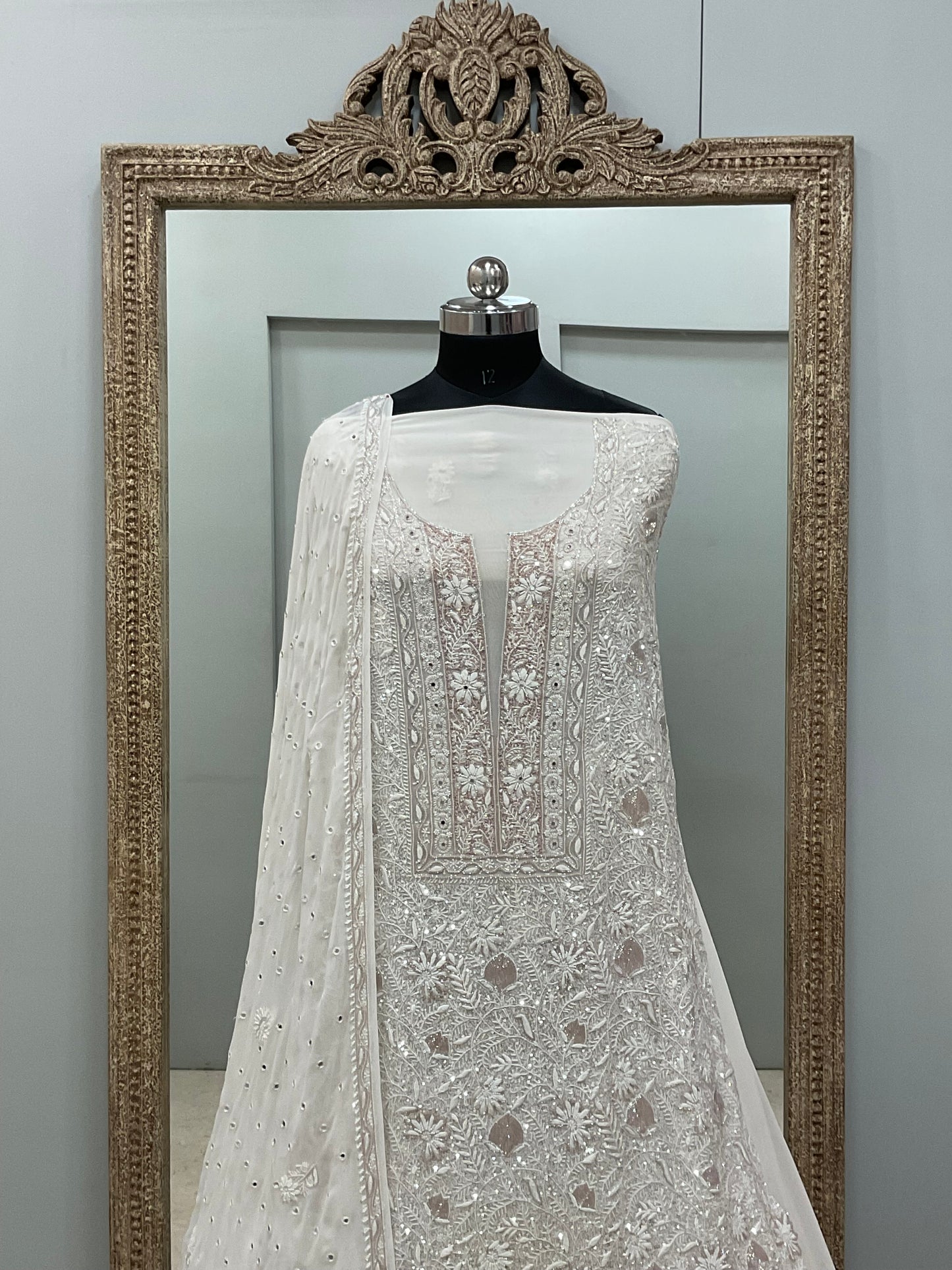Superfine Pure Georgette Heavy Cutdana Pearl And Sequence Work Designer With Dupatta White