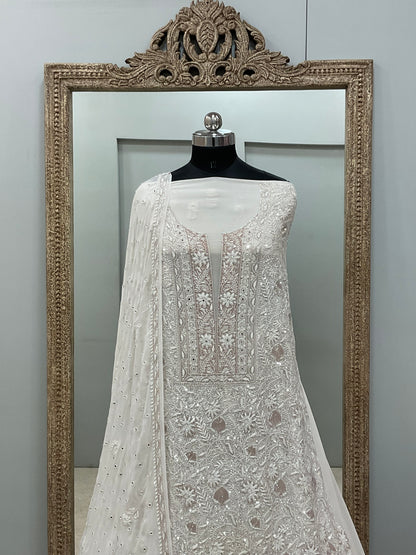 Superfine Pure Georgette Heavy Cutdana Pearl And Sequence Work Designer With Dupatta White