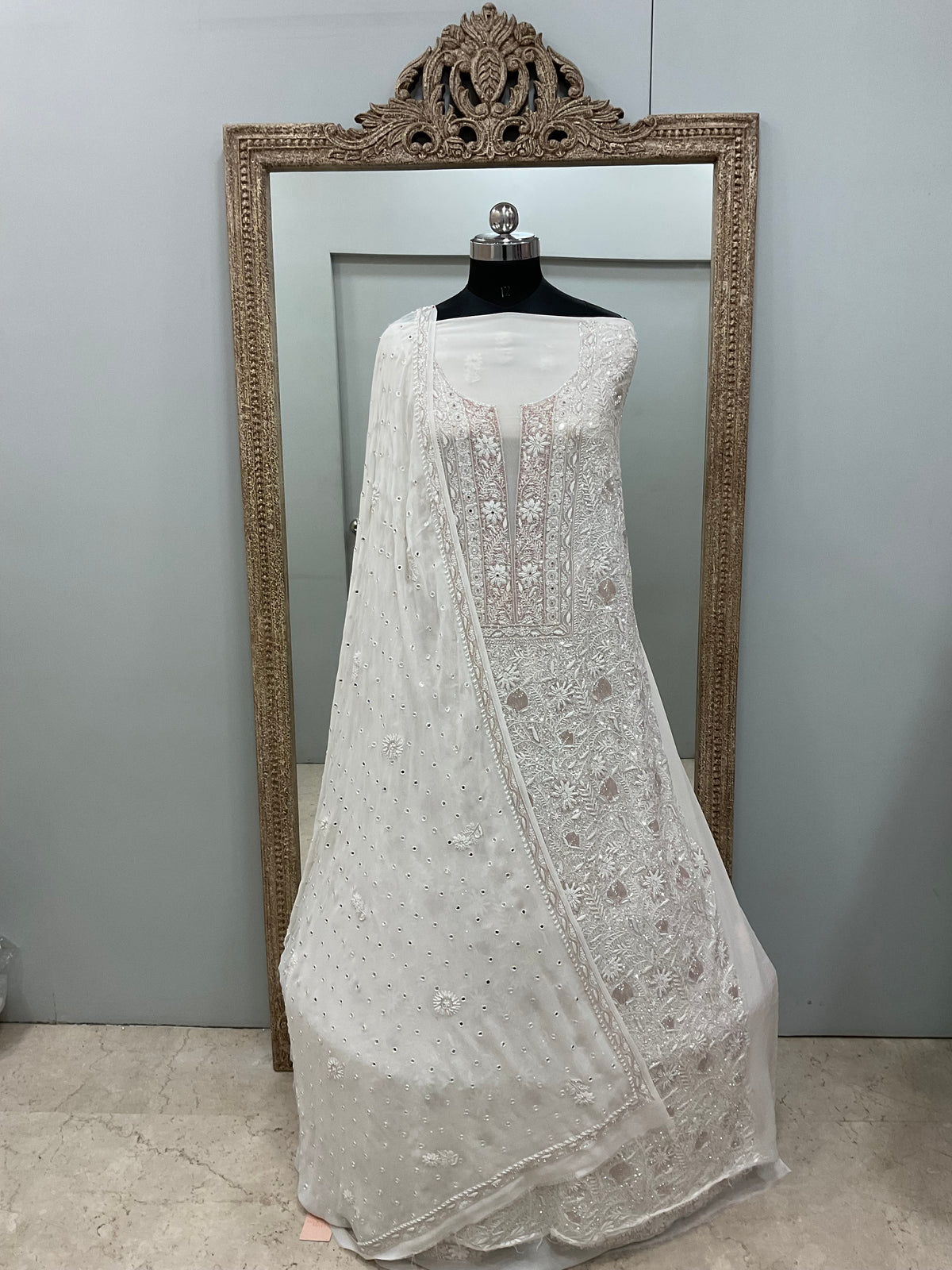 Superfine Pure Georgette Heavy Cutdana Pearl And Sequence Work Designer With Dupatta White