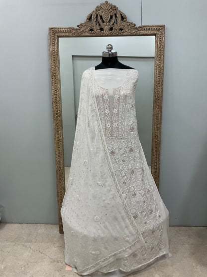 Superfine Pure Georgette Heavy Cutdana Pearl And Sequence Work Designer With Dupatta White