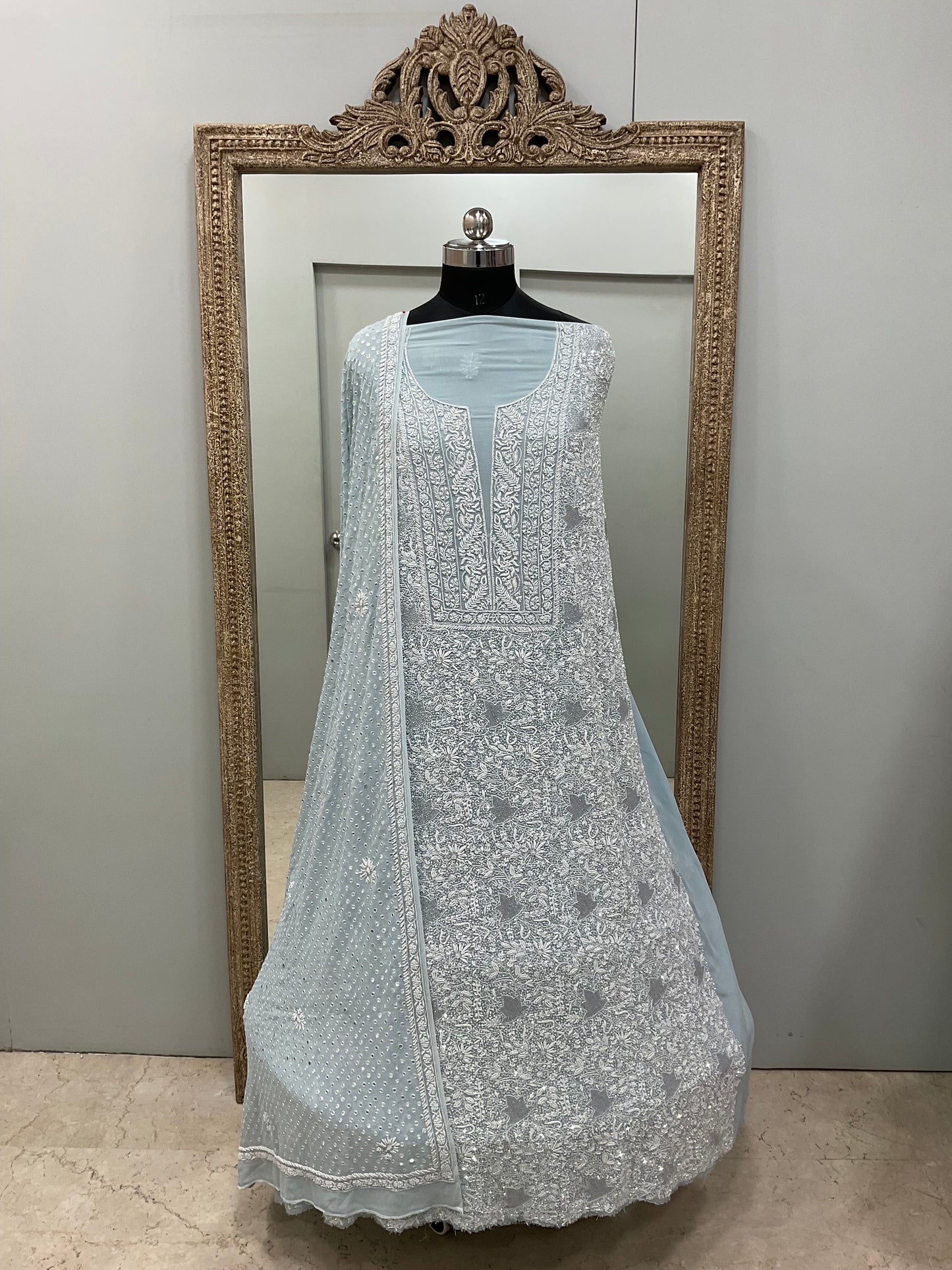Ek Taar Pure Georgette Heavy Cutdana Pearl And Sequence Work Designer With Mirror Dupatta Blue