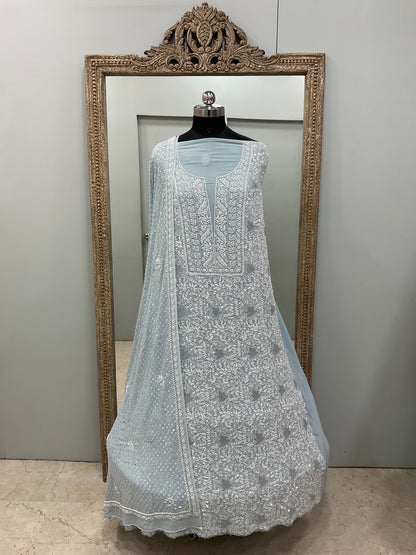 Ek Taar Pure Georgette Heavy Cutdana Pearl And Sequence Work Designer With Mirror Dupatta Blue