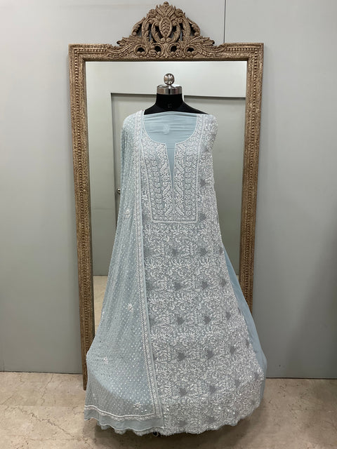 Ek Taar Pure Georgette Heavy Cutdana Pearl And Sequence Work Designer With Mirror Dupatta Blue