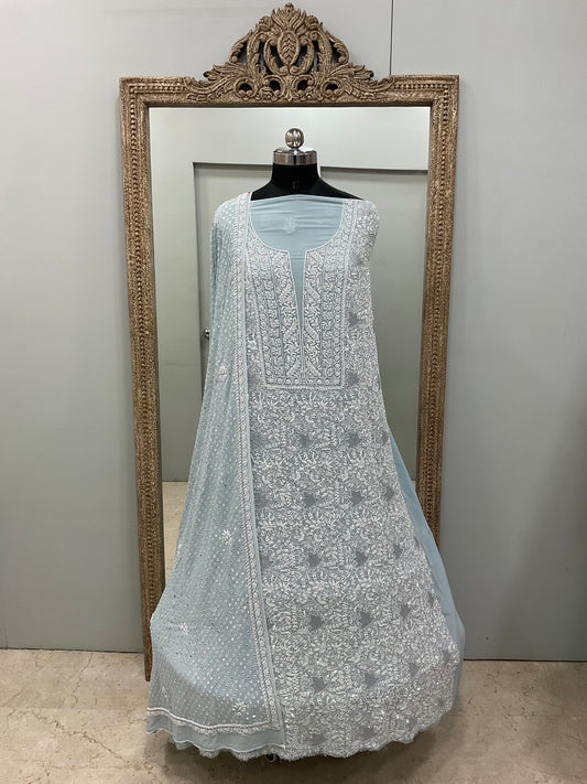Ek Taar Pure Georgette Heavy Cutdana Pearl And Sequence Work Designer With Mirror Dupatta Blue