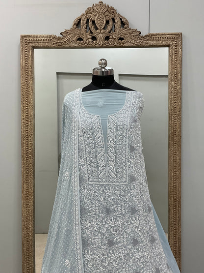 Ek Taar Pure Georgette Heavy Cutdana Pearl And Sequence Work Designer With Mirror Dupatta Blue