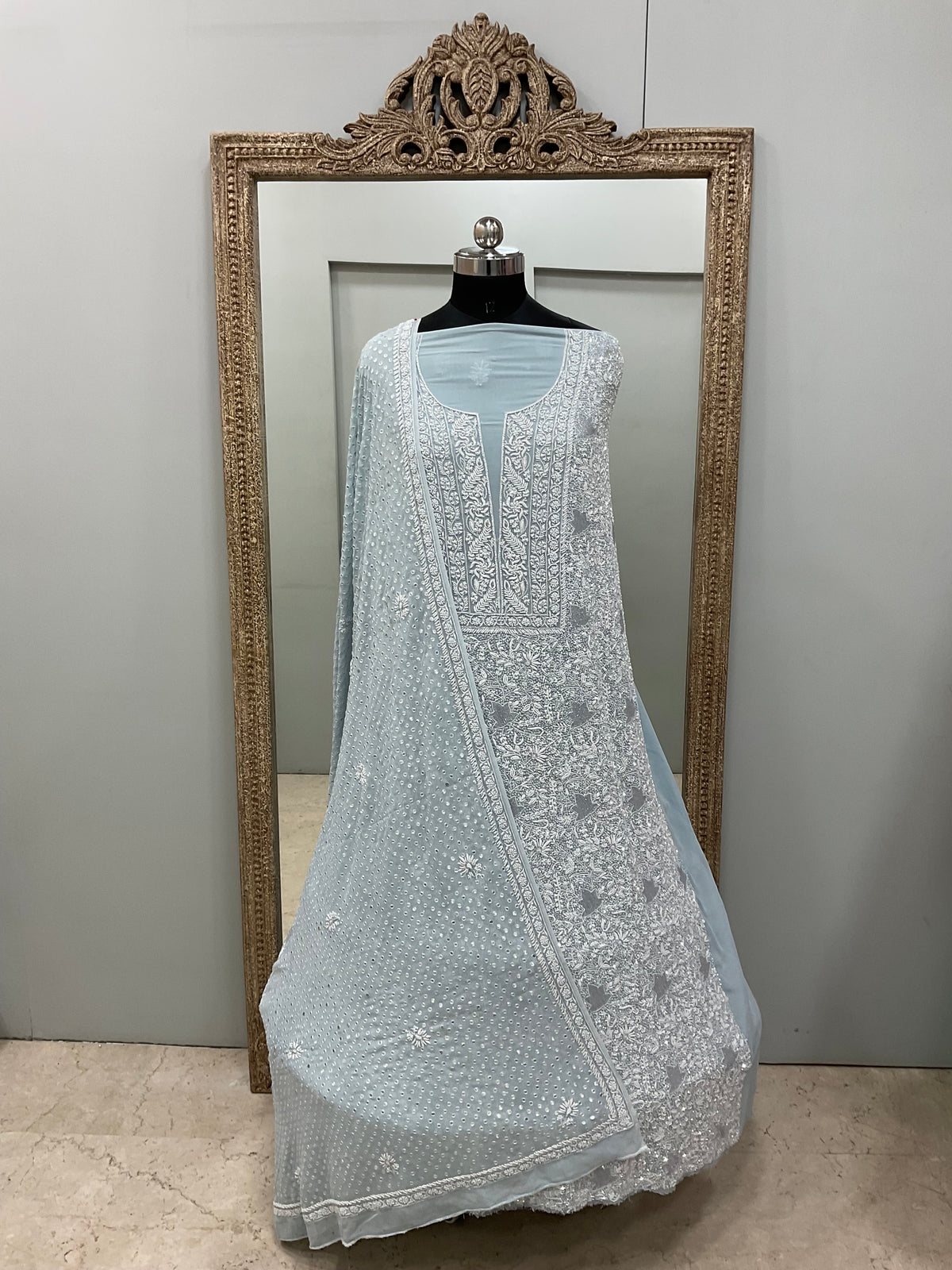 Ek Taar Pure Georgette Heavy Cutdana Pearl And Sequence Work Designer With Mirror Dupatta Blue
