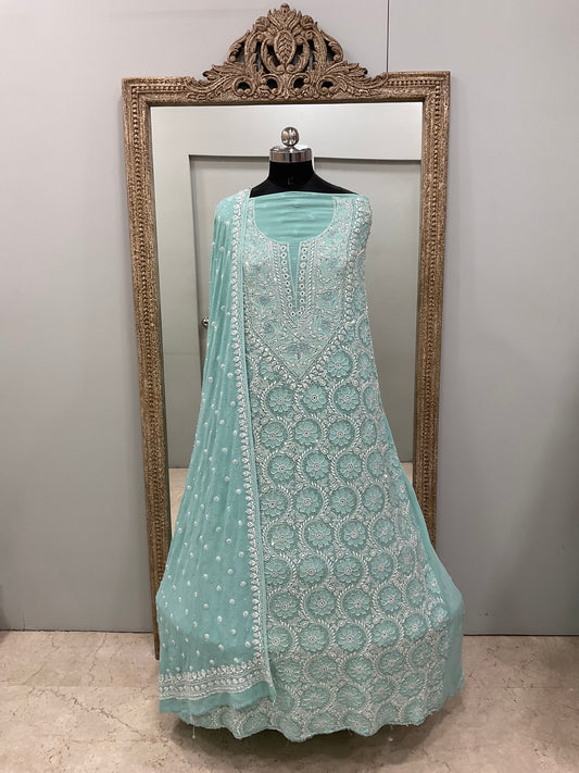Pure Georgette Superfine Straight Heavy Sequence Pearl,Mirror and Cutdana Green