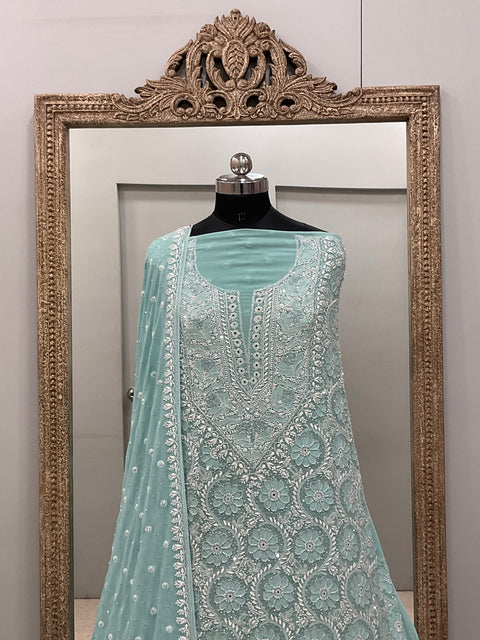 Pure Georgette Superfine Straight Heavy Sequence Pearl,Mirror and Cutdana Green