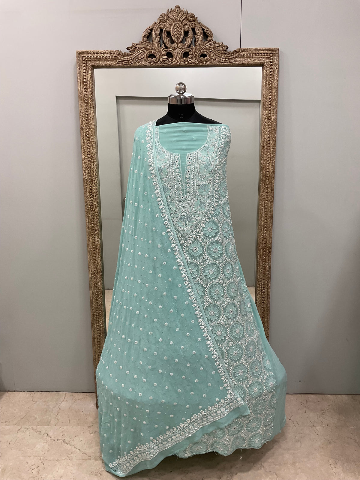 Pure Georgette Superfine Straight Heavy Sequence Pearl,Mirror and Cutdana Green