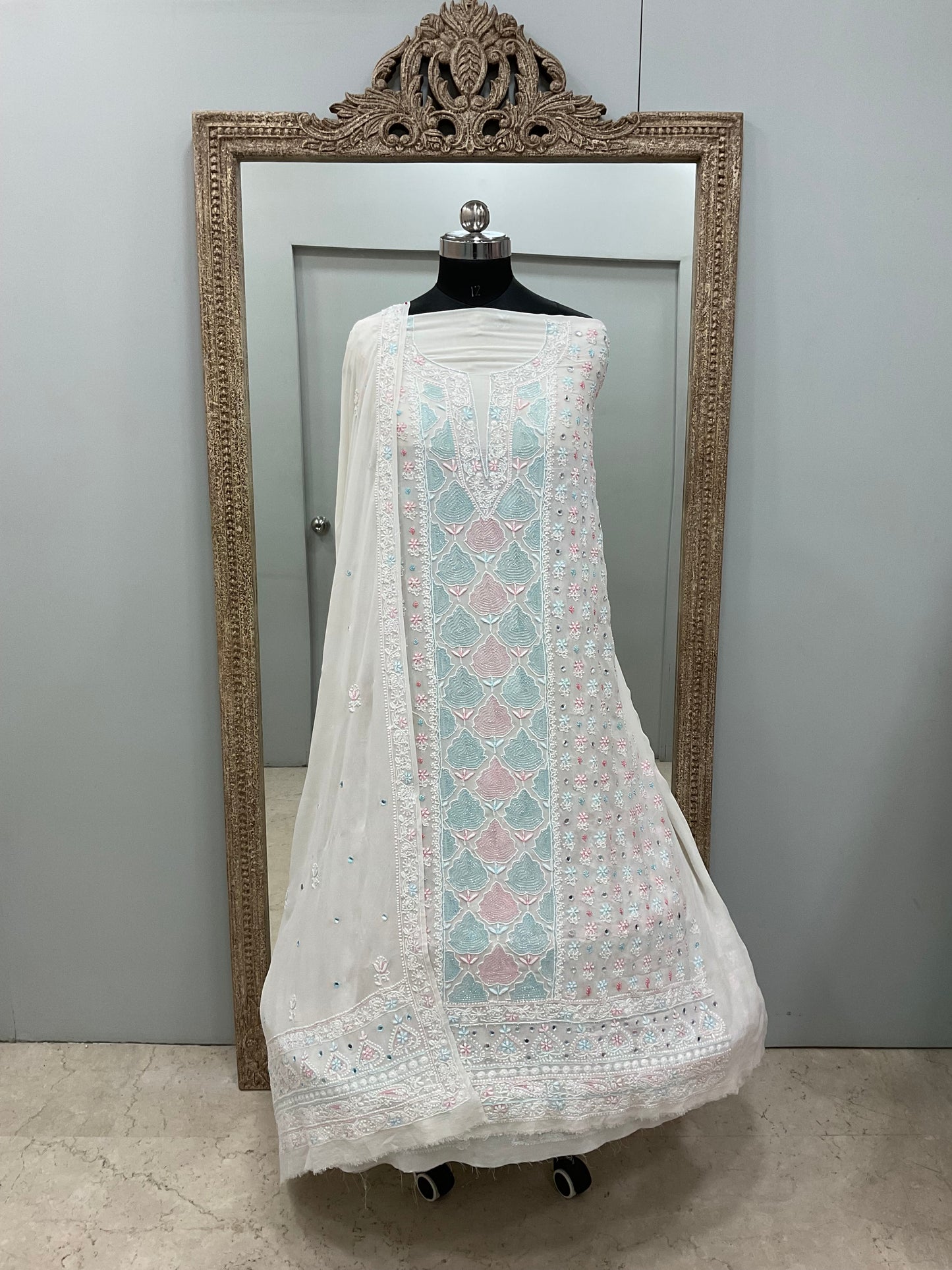 Pure Georgette Heavy Cutdana Pearl And Sequence Work Designer With Dupatta White