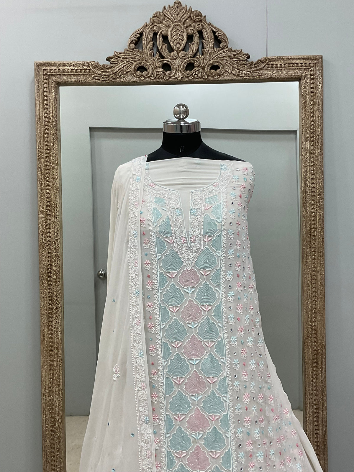 Pure Georgette Heavy Cutdana Pearl And Sequence Work Designer With Dupatta White