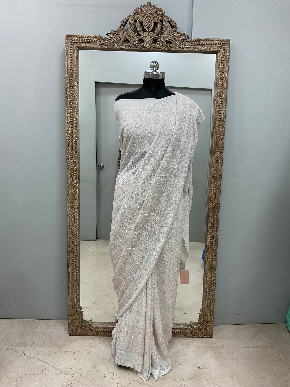 Pure Georgette Saree Superfine Work full jaal with Heavy Cutdana and Sequence White 01