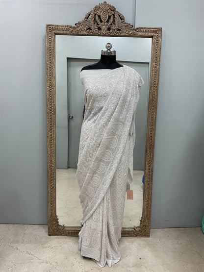Pure Georgette Saree Superfine Work full jaal with Heavy Cutdana and Sequence White 01