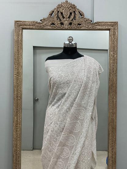 Pure Georgette Saree Superfine Work full jaal with Heavy Cutdana and Sequence White 01