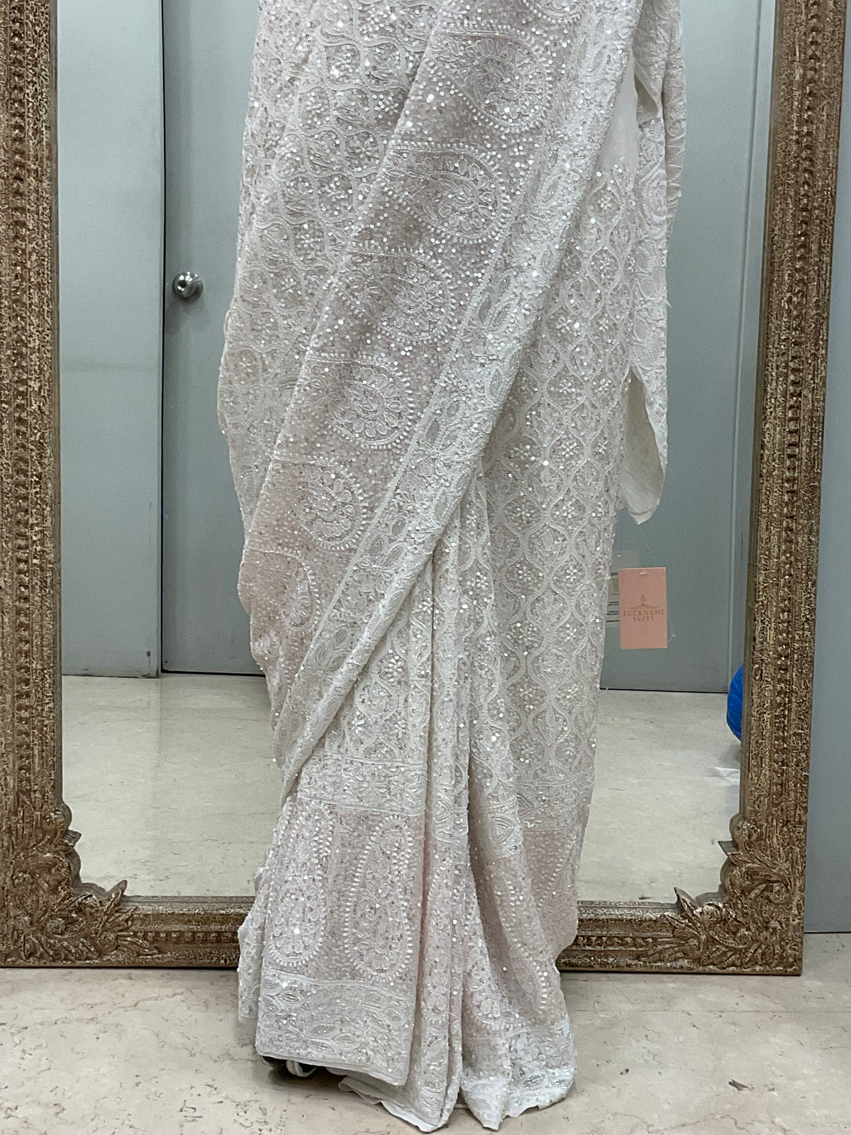 Pure Georgette Saree Superfine Work full jaal with Heavy Cutdana and Sequence White 01