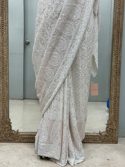 Pure Georgette Saree Superfine Work full jaal with Heavy Cutdana and Sequence White 01