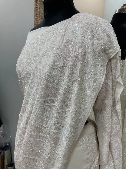 Pure Georgette Saree Superfine Work full jaal with Heavy Cutdana and Sequence White 01