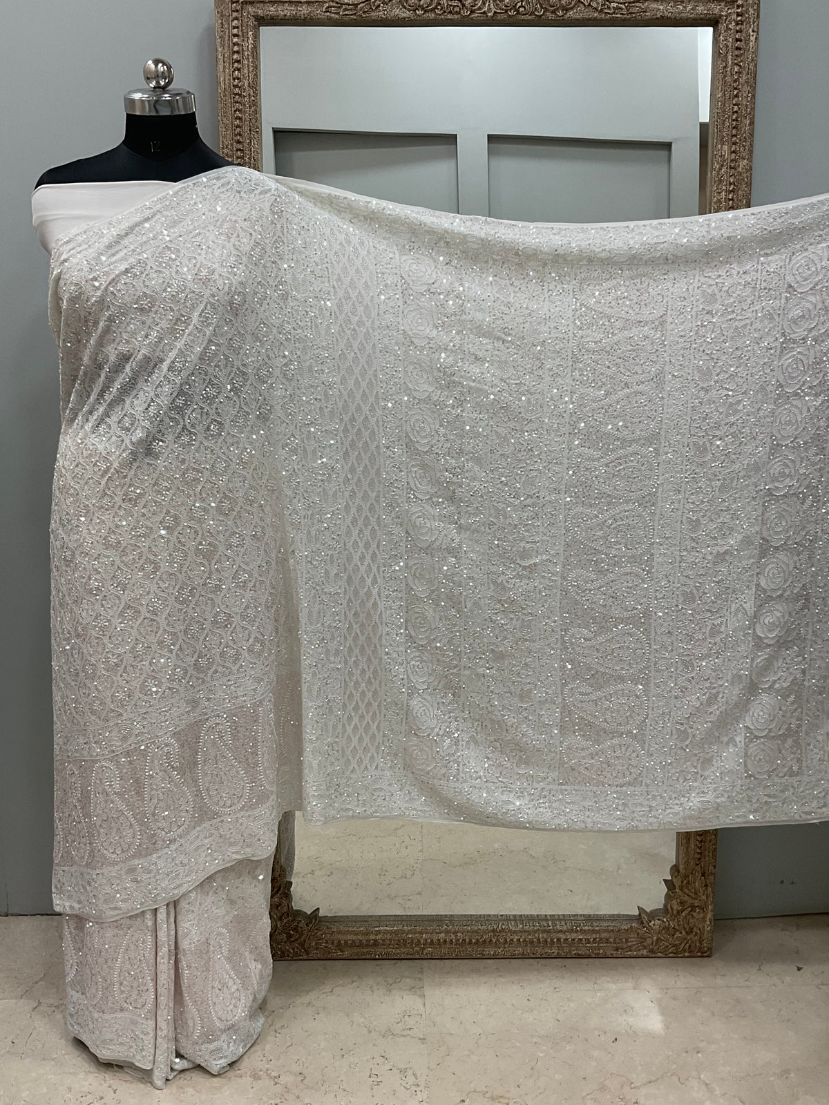 Pure Georgette Saree Superfine Work full jaal with Heavy Cutdana and Sequence White 01