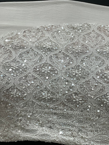 Pure Georgette Saree Superfine Work full jaal with Heavy Cutdana and Sequence White 01