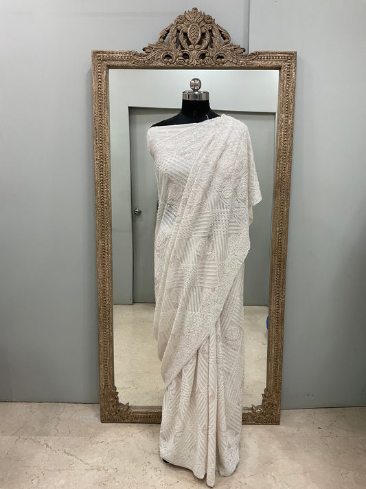 Pure Georgette Saree Superfine Work full jaal with Heavy Cutdana and Sequence White 02