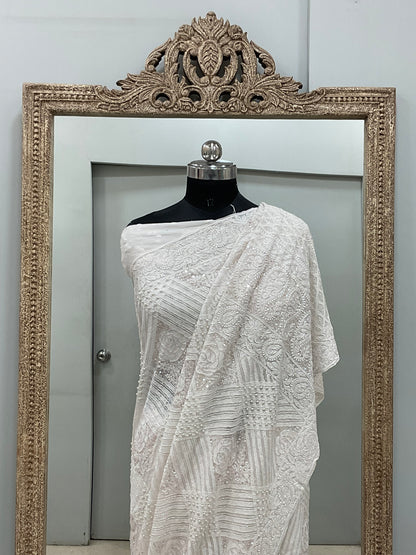 Pure Georgette Saree Superfine Work full jaal with Heavy Cutdana and Sequence White 02