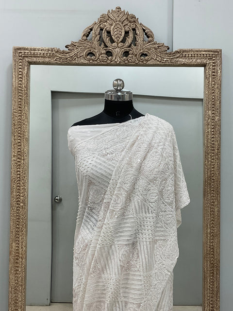 Pure Georgette Saree Superfine Work full jaal with Heavy Cutdana and Sequence White 02