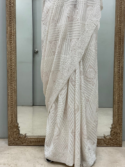 Pure Georgette Saree Superfine Work full jaal with Heavy Cutdana and Sequence White 02
