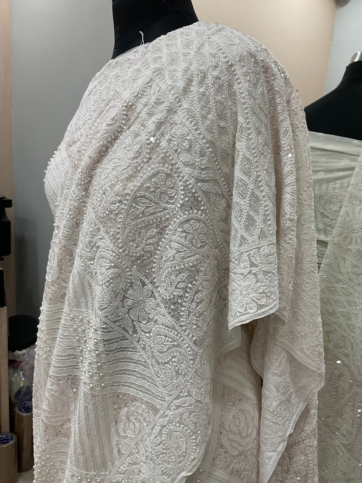 Pure Georgette Saree Superfine Work full jaal with Heavy Cutdana and Sequence White 02