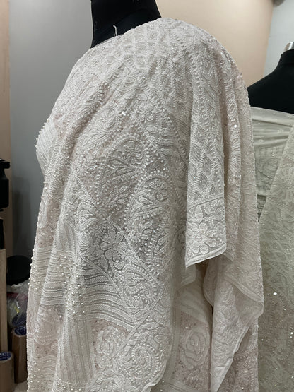 Pure Georgette Saree Superfine Work full jaal with Heavy Cutdana and Sequence White 02
