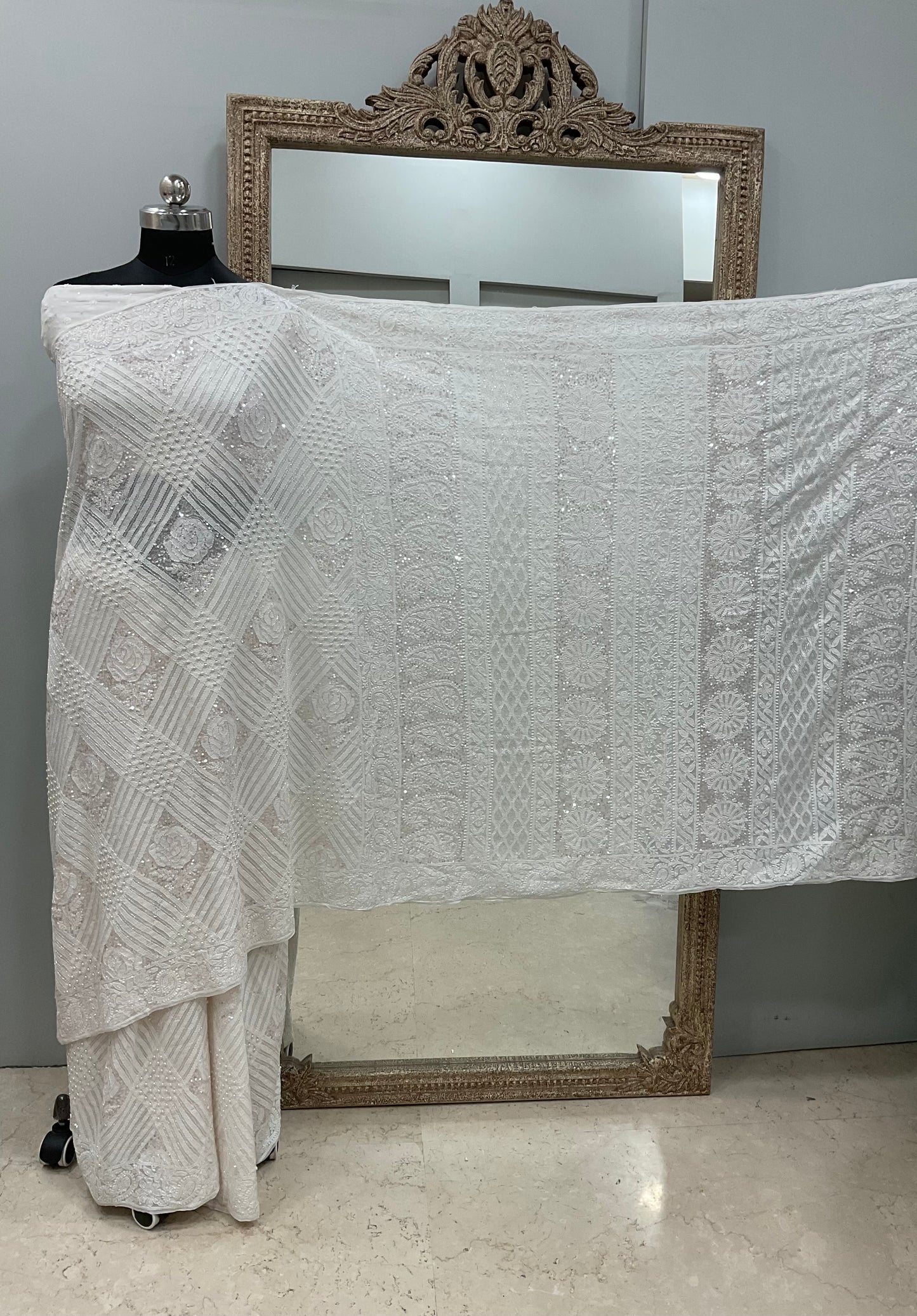 Pure Georgette Saree Superfine Work full jaal with Heavy Cutdana and Sequence White 02