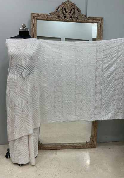 Pure Georgette Saree Superfine Work full jaal with Heavy Cutdana and Sequence White 02