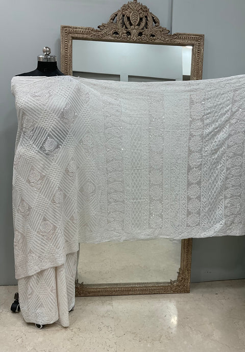 Pure Georgette Saree Superfine Work full jaal with Heavy Cutdana and Sequence White 02