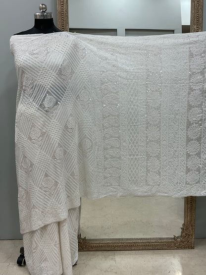Pure Georgette Saree Superfine Work full jaal with Heavy Cutdana and Sequence White 02